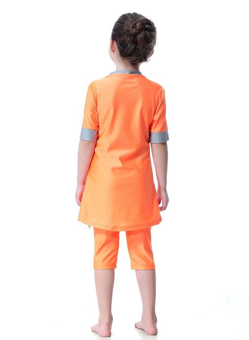 Loquat Girl's 3-Piece Conservative Swimwear Set Short Sleeve Burkini Swimsuit With Pyjama Orange/Grey  - Image 2