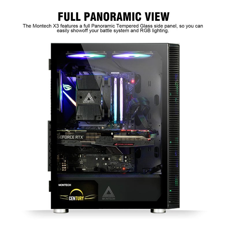 Montech X3 Mesh, 6 Fans - 3X 140mm & 3X 120mm Fixed RGB Lighting Fans, ATX Mid-Tower PC Gaming Case, USB3.0, Door Open Tempered Glass Side Panel, High Airflow, Black - Image 3