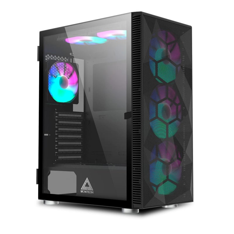 Montech X3 Mesh, 6 Fans - 3X 140mm & 3X 120mm Fixed RGB Lighting Fans, ATX Mid-Tower PC Gaming Case, USB3.0, Door Open Tempered Glass Side Panel, High Airflow, Black - Image 1