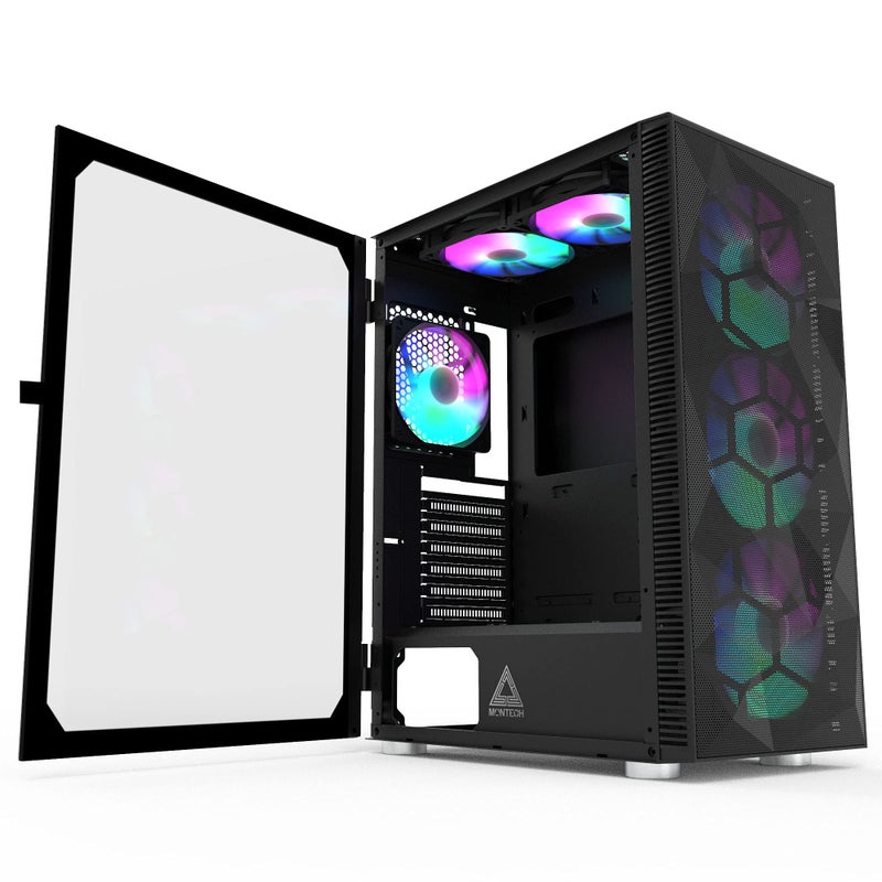 Montech X3 Mesh, 6 Fans - 3X 140mm & 3X 120mm Fixed RGB Lighting Fans, ATX Mid-Tower PC Gaming Case, USB3.0, Door Open Tempered Glass Side Panel, High Airflow, Black - Image 2