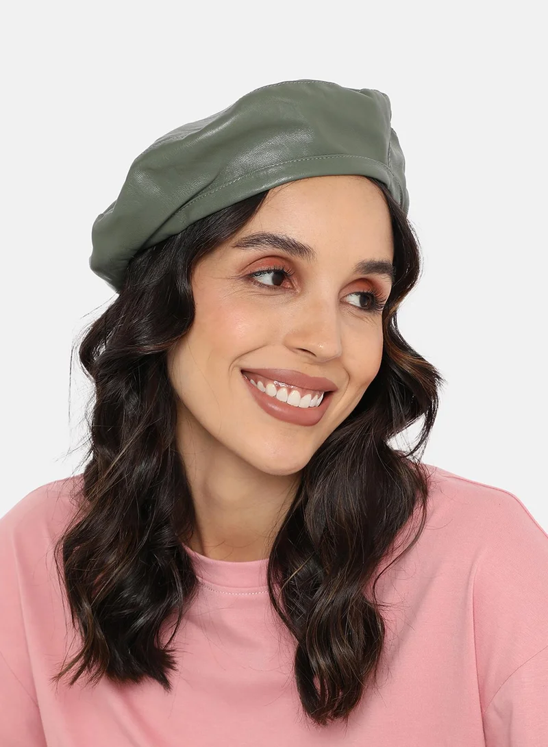 Haute Sauce Flat Grain Beret Hat - Olive Green