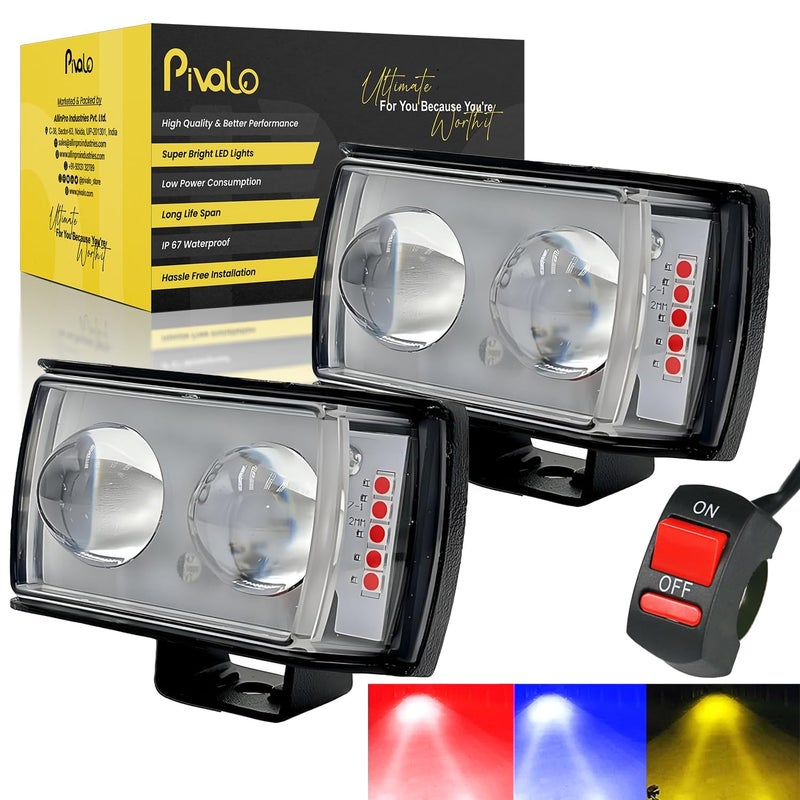 Pivalo مصباح ضباب Pivalo 45W 12-24 فولت LED بقوة شعاع بؤري مع مفتاح مقود عالي السطوع عالمي صغير مزدوج العدسة لجميع الدراجات النارية والدراجات والسيارات (عبوة من 2، متعددة الألوان) - Image 1