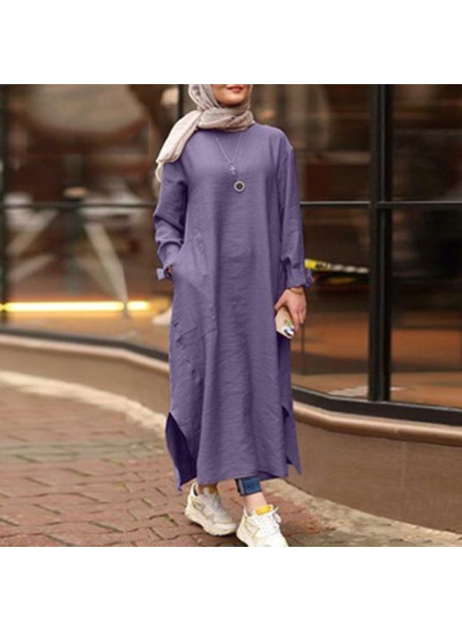Women's New Muslim Solid Color Long Sleeve Shirt Pocket A- Line Dress Casual Robe Generation Hair