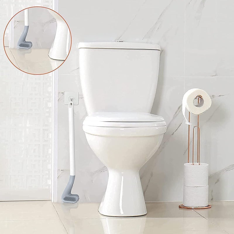 AJKN Long Handle Silicone Toilet Brush with Golf Brush Head - 360° Flexible Deep Cleaning Bathroom Brush with Wall Mounted Holder & Sticky Hooks, Non-Scratch Toilet Cleaner (Multi Colour, Pack of 1) - Image 2