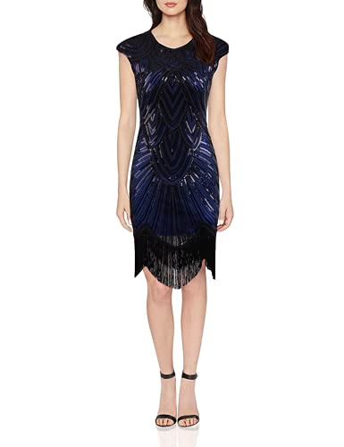 Vijiv Art Deco Great Gatsby Inspired Tassel Beaded 1920s Flapper Dress,X-Small,Blue - Image 1