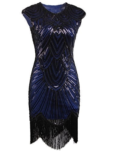Vijiv Art Deco Great Gatsby Inspired Tassel Beaded 1920s Flapper Dress,X-Small,Blue - Image 2