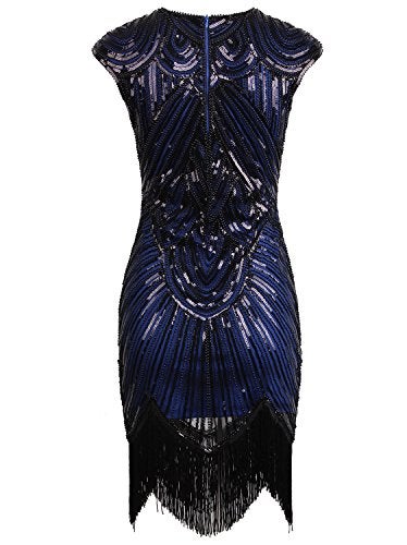 Vijiv Art Deco Great Gatsby Inspired Tassel Beaded 1920s Flapper Dress,X-Small,Blue - Image 4