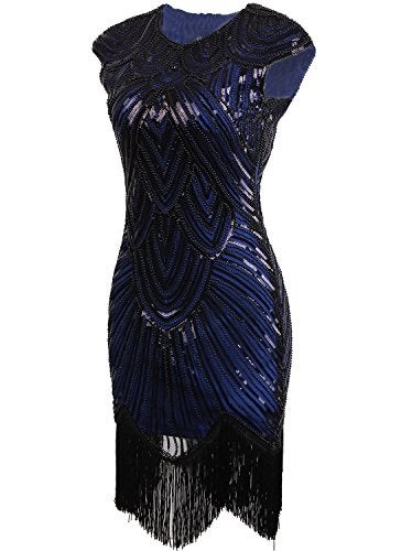 Vijiv Art Deco Great Gatsby Inspired Tassel Beaded 1920s Flapper Dress,X-Small,Blue - Image 3