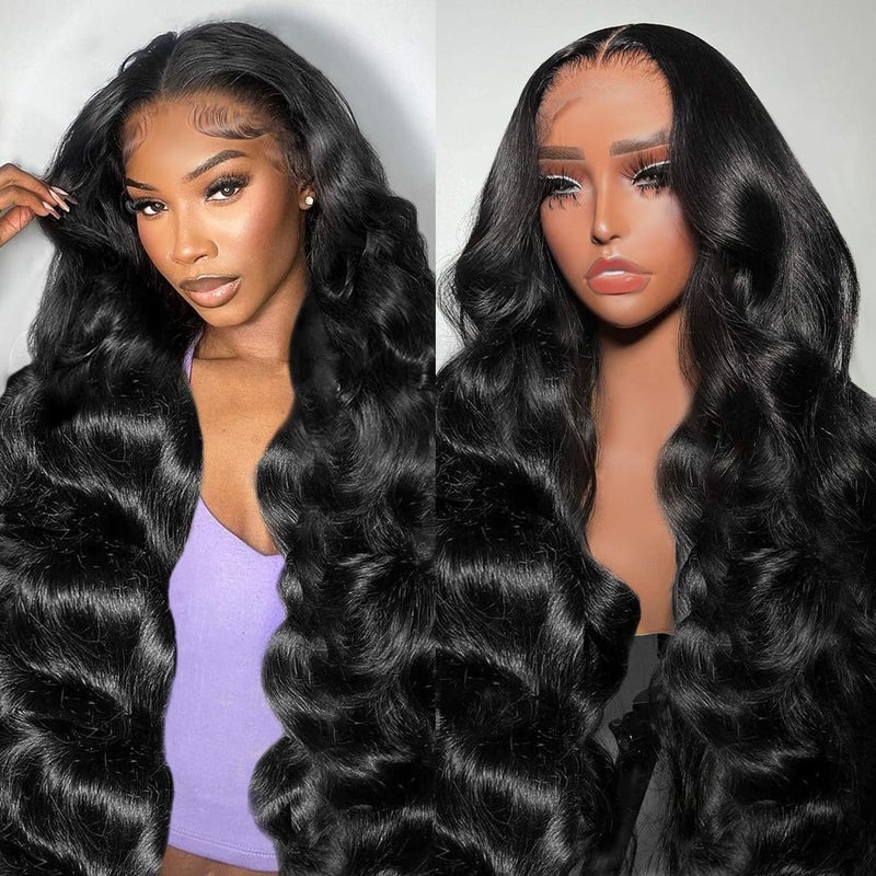 Vinisay 28 Inch Body Wave Lace Front Wigs Human Hair 13x4 HD Transparent Lace Frontal Wigs Human Hair for Women Brazilian Virgin 180 Density Glueless Wigs Human Hair Pre Plucked with Baby Hair Natural Black