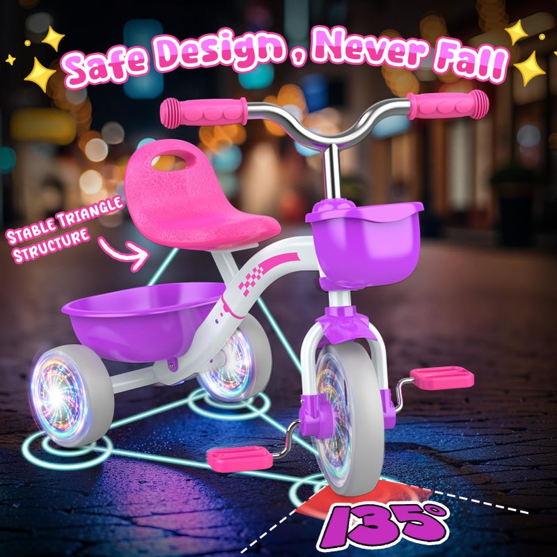 Kkdi Toddler Tricycle for 1-3 3-5 Year Olds, 2 3 4 5 Year Old Girl Birthday Gifts, Purple Toddler Baby Bike, 4-Level Adjustable Seat, 3 Color Light Wheels, 2 Baskets, Outdoor Riding Toys for Ages 2-4 - Image 3