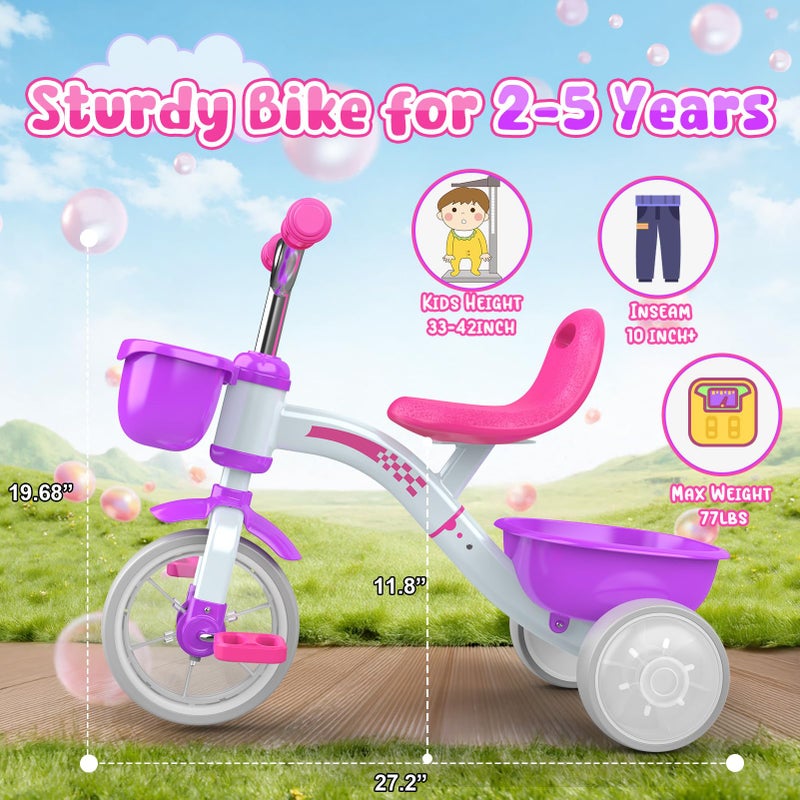 Kkdi Toddler Tricycle for 1-3 3-5 Year Olds, 2 3 4 5 Year Old Girl Birthday Gifts, Purple Toddler Baby Bike, 4-Level Adjustable Seat, 3 Color Light Wheels, 2 Baskets, Outdoor Riding Toys for Ages 2-4 - Image 5