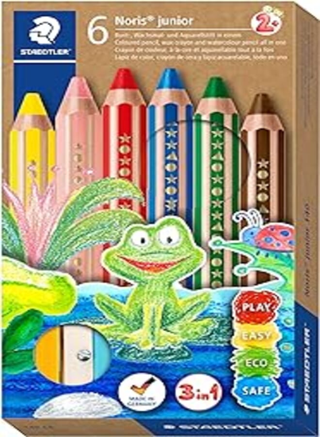 Staedtler noris junior 3-in-1 colouring pencil pack of 6 assorted colours + sharpener