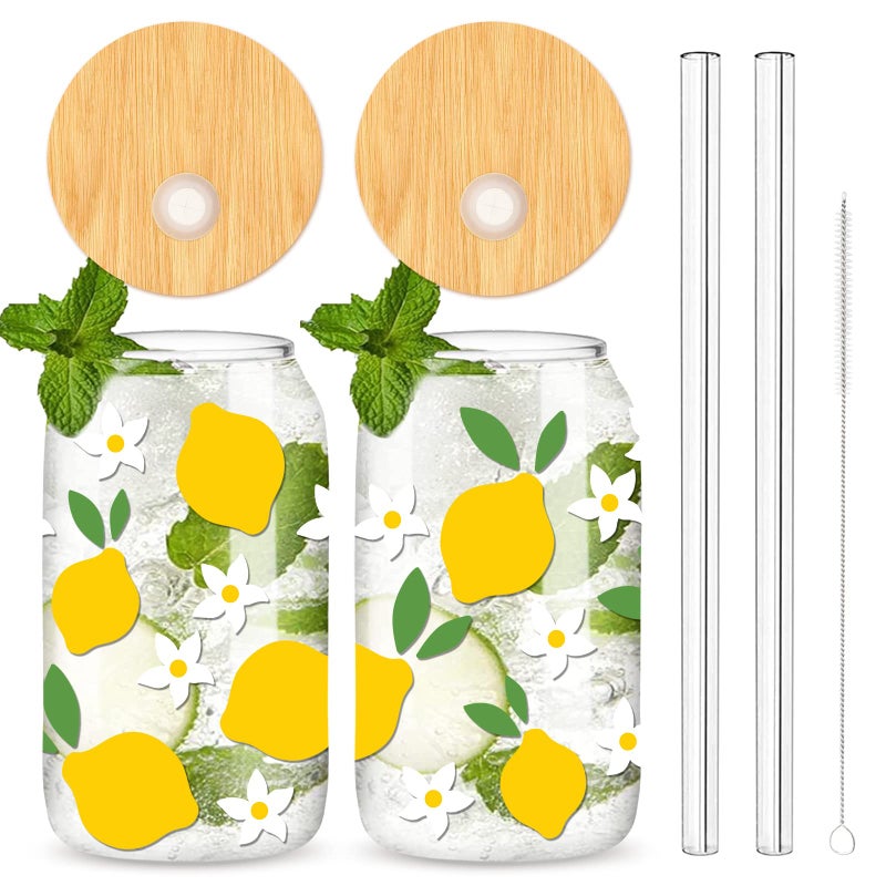 Whaline Lemon Daisy Glasses Cup with Bamboo Lids and Straw 16oz Summer Ice Coffee Cup Beer Can Glasses for Cocktails Whiskey Beer Soda Gifts 2Pcs