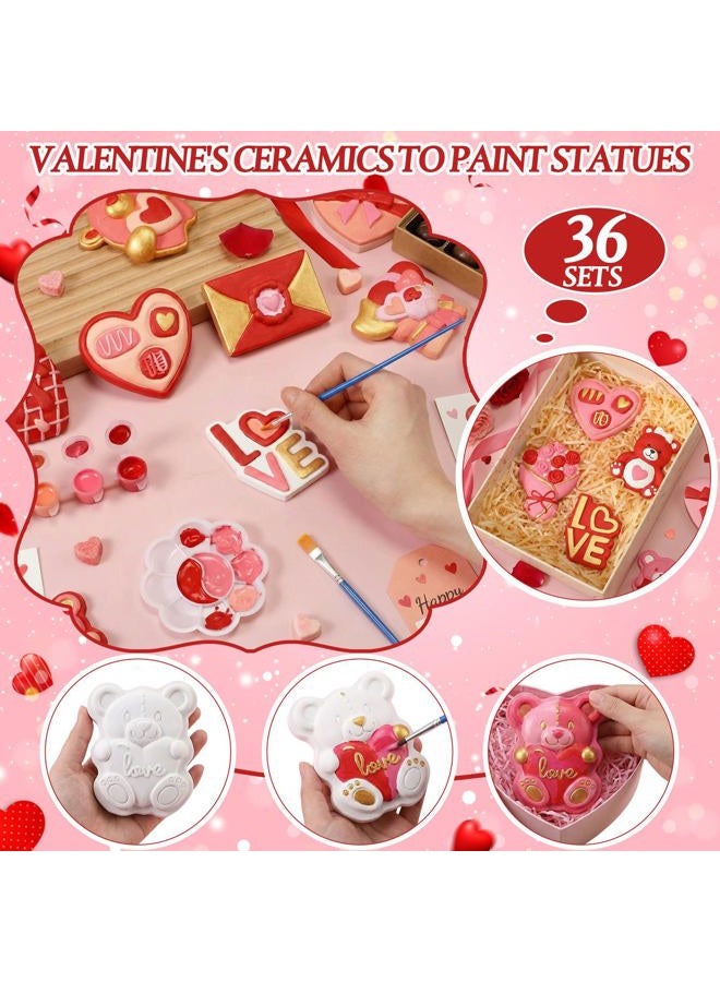 Zubebe 36 Pcs Valentine's Day Ceramic to Paint Kit Ornaments Crafts Paint Your Own Heart Bear Rose Ornament Ready to Crafts DIY Figurines Unpainted Plaster Character Valentine Birthday Gifts - Image 3