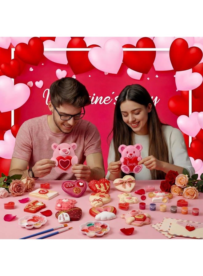 Zubebe 36 Pcs Valentine's Day Ceramic to Paint Kit Ornaments Crafts Paint Your Own Heart Bear Rose Ornament Ready to Crafts DIY Figurines Unpainted Plaster Character Valentine Birthday Gifts - Image 4