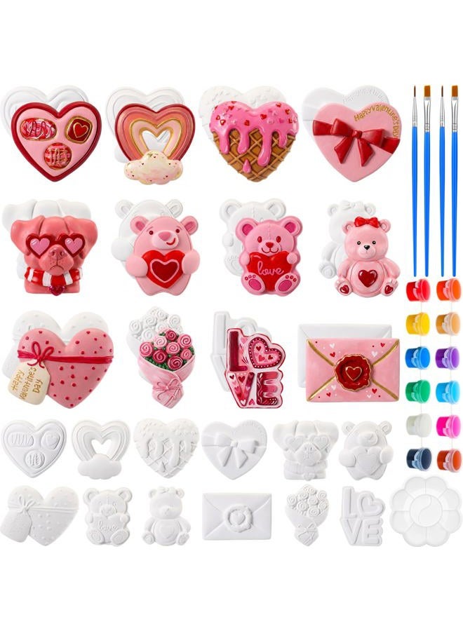 Zubebe 36 Pcs Valentine's Day Ceramic to Paint Kit Ornaments Crafts Paint Your Own Heart Bear Rose Ornament Ready to Crafts DIY Figurines Unpainted Plaster Character Valentine Birthday Gifts - Image 1
