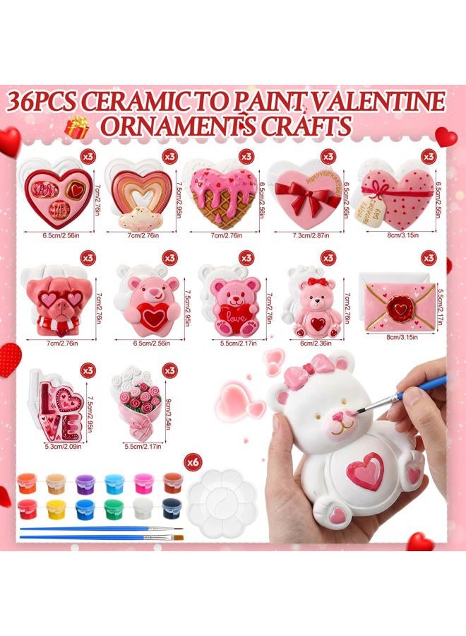 Zubebe 36 Pcs Valentine's Day Ceramic to Paint Kit Ornaments Crafts Paint Your Own Heart Bear Rose Ornament Ready to Crafts DIY Figurines Unpainted Plaster Character Valentine Birthday Gifts - Image 2