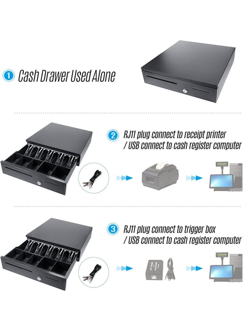 Cash Drawer Heavy-duty 5-slot with lock, 2 keys, and a coin and bill tray in black. - Image 3