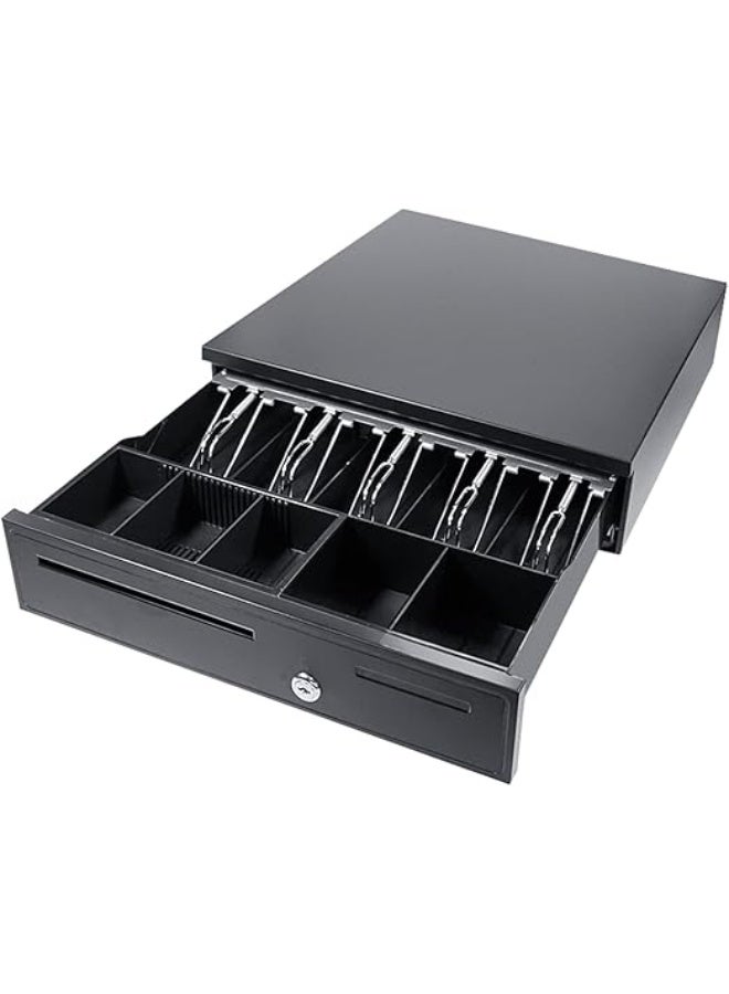 Cash Drawer Heavy-duty 5-slot with lock, 2 keys, and a coin and bill tray in black. - Image 1