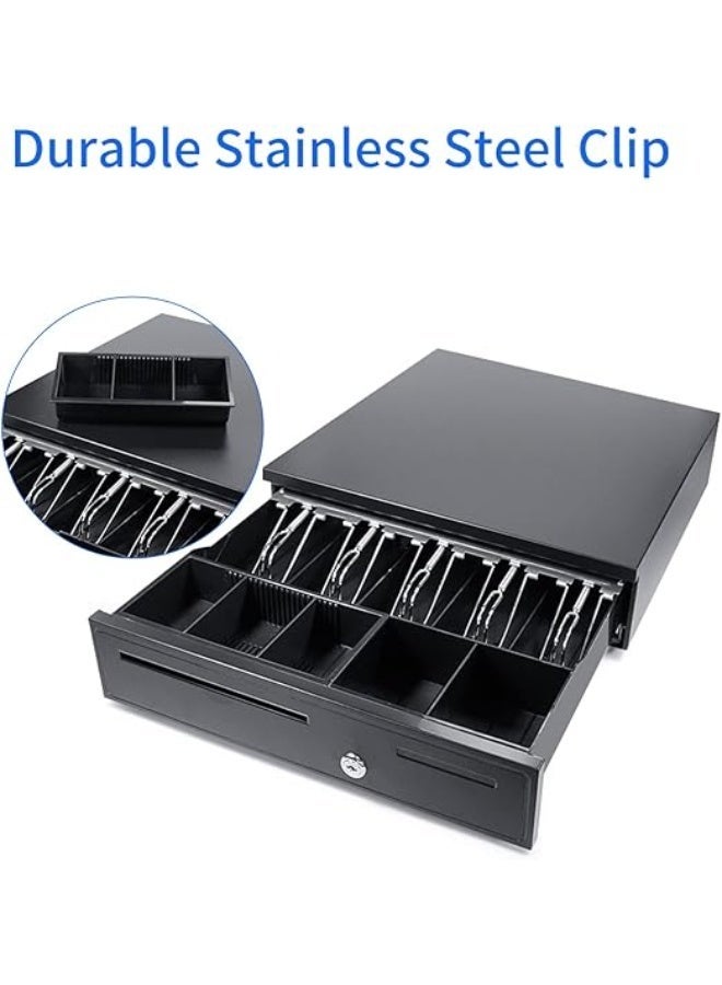 Cash Drawer Heavy-duty 5-slot with lock, 2 keys, and a coin and bill tray in black. - Image 4