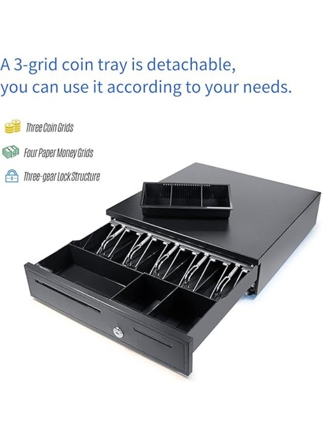 Cash Drawer Heavy-duty 5-slot with lock, 2 keys, and a coin and bill tray in black. - Image 5