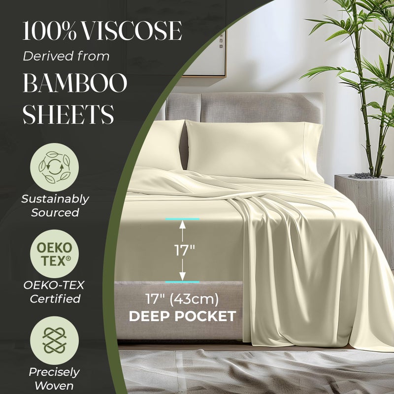 DECOLURE 100% Organic Viscose Derived from Bamboo Sheets Full Size 6pcs - Ultra Soft & Luxuriously Cooling  17"" Deep Pocket  Double Stitching  Perfect for Hot Sleepers - Full Bed Sheets (Creme) - Image 4