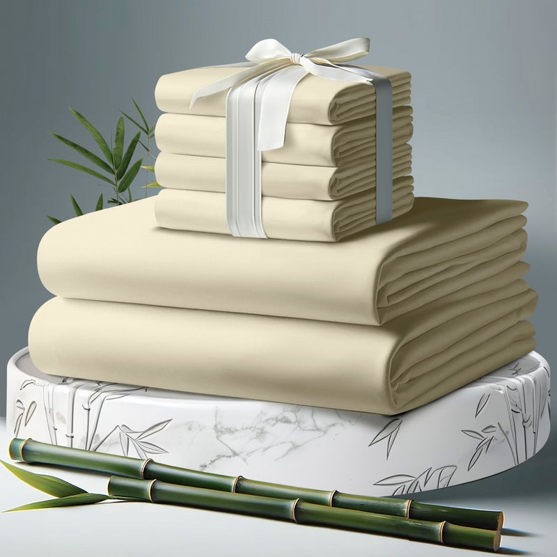 DECOLURE 100% Organic Viscose Derived from Bamboo Sheets Full Size 6pcs - Ultra Soft & Luxuriously Cooling  17"" Deep Pocket  Double Stitching  Perfect for Hot Sleepers - Full Bed Sheets (Creme) - Image 1