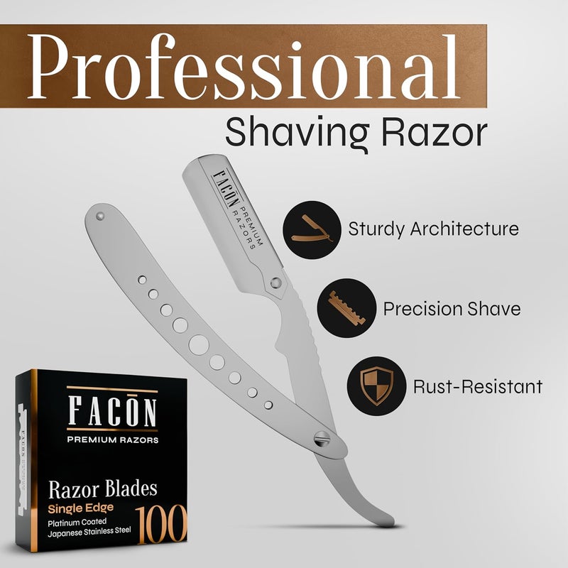 FACON Facón Straight Razors for Men - Professional Barber Straight Edge Razor Kit with 100 Blades, Classic Stainless Steel Barbero Shaver for a Smooth & Precise Shave, Premium Barber Razor for Men's Shaving - Image 2