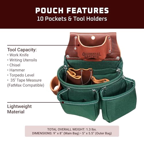 Occidental Leather OxyLights 3 Pouch Tool Bag with Tape Holder - Green, Left Hand - 10 Pockets & Tool Holders - Made in USA - Image 3