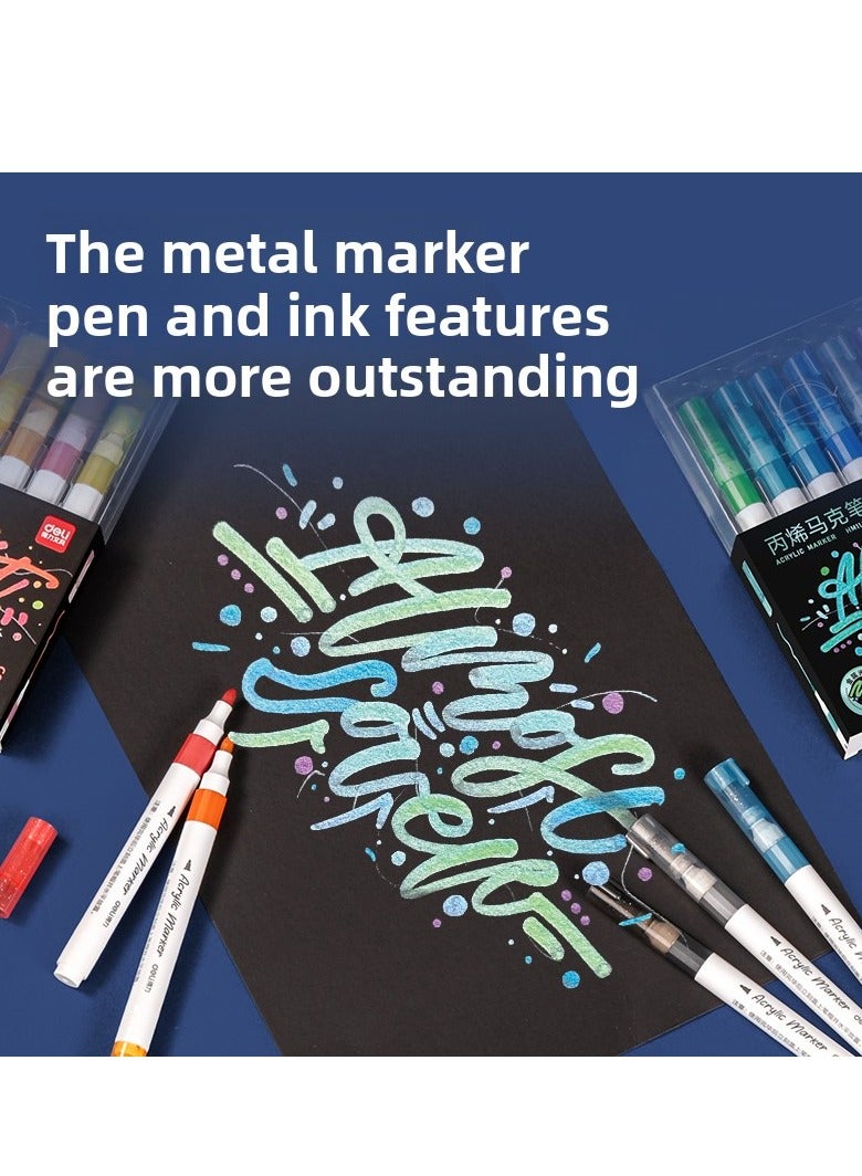 Deli Markers أكريليك معدني Deli HM114-A – 6 ألوان كلاسيكية، أسطوانة دائرية، طرف واحد (2mm)، جاف سريع ومقاوم للماء، مثالي للزجاج، المعدن، الخشب، الحجر والحرف اليدوية. - Image 2