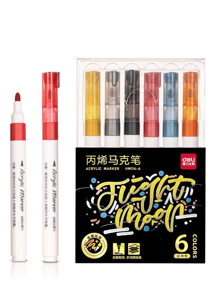 Deli Markers أكريليك معدني Deli HM114-A – 6 ألوان كلاسيكية، أسطوانة دائرية، طرف واحد (2mm)، جاف سريع ومقاوم للماء، مثالي للزجاج، المعدن، الخشب، الحجر والحرف اليدوية. - Image 1