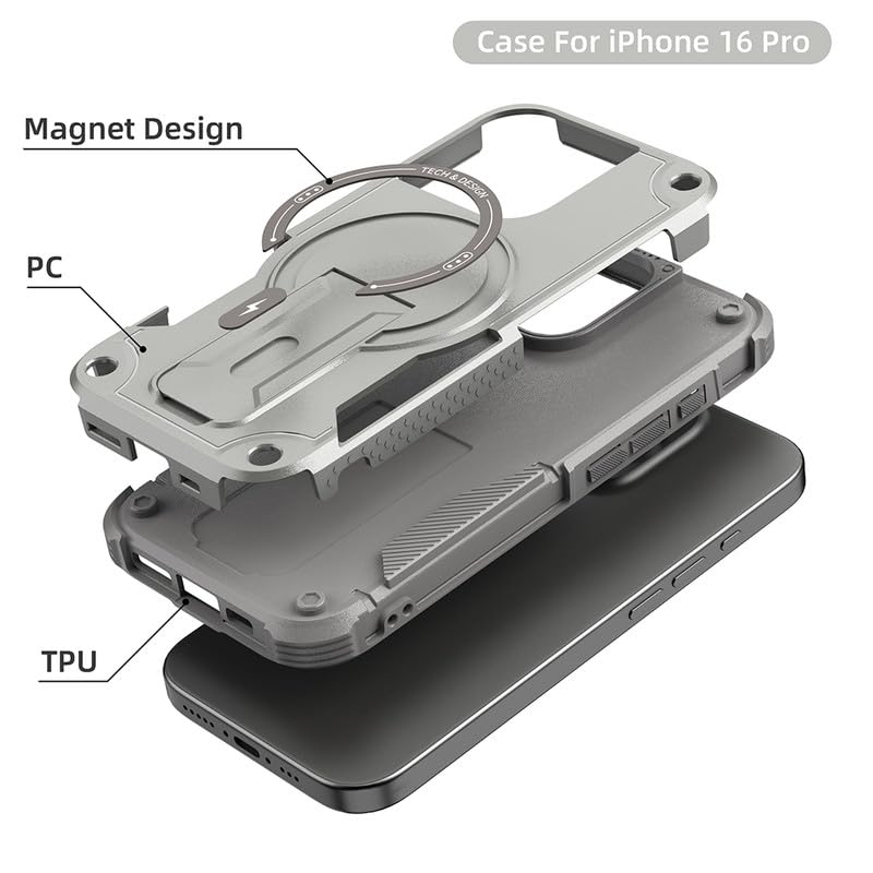 US LITE Back Cover for iPhone 16 Pro with Portable Kickstand | Mag-Safe Compatible Magnetic Case | Shockproof Military Grade Protection | Extreme Protection Phone Cover – Grey - Image 4