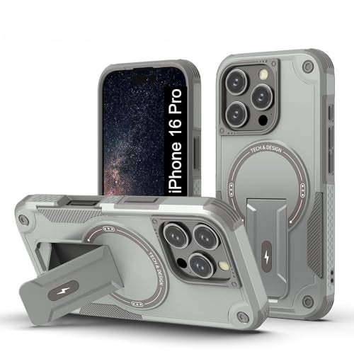 US LITE Back Cover for iPhone 16 Pro with Portable Kickstand | Mag-Safe Compatible Magnetic Case | Shockproof Military Grade Protection | Extreme Protection Phone Cover – Grey - Image 1