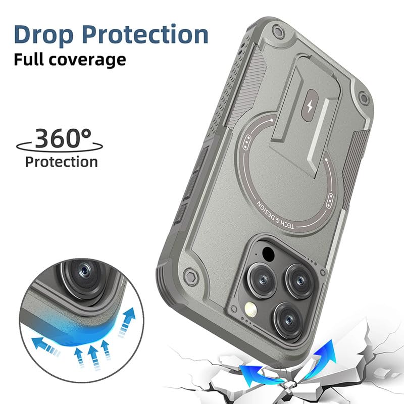 US LITE Back Cover for iPhone 16 Pro with Portable Kickstand | Mag-Safe Compatible Magnetic Case | Shockproof Military Grade Protection | Extreme Protection Phone Cover – Grey - Image 3