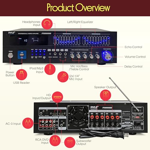 Pyle Bluetooth Hybrid Home Amplifier - 6-Channel 2000W Rack Mount Power Amplifier Receiver w/ Radio - Dual 10 Band EQ, Karaoke Microphone x2, USB, RCA, COAX, OPT, DVD Inputs, HiDef Input and Output - Image 3