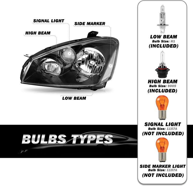 SOCKIR Headlight Assembly Pair for 2005-2006 Nissan Altima Sedan - Halogen Black Headlamp with Clear Reflector - Image 2