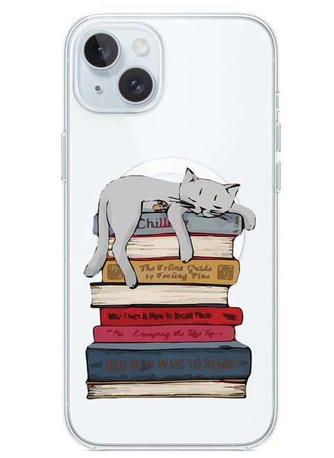 Magnetic Case for iPhone 15 Plus 6.7-inch Compatible with MagSafe Wireless Charging, Shockproof Phone Bumper Cover Cat on books