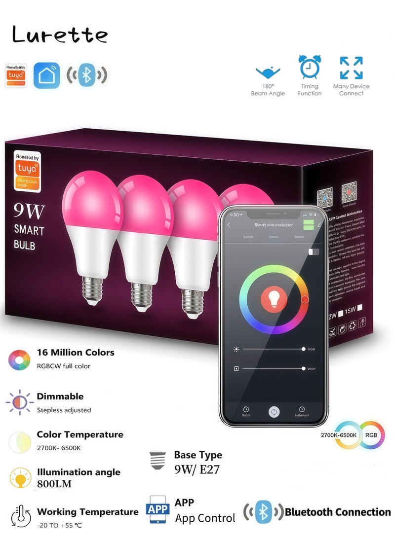 لوريت مصباح LED ذكي E27 قوة 9 واط تحكم بلوتوث عن بعد عبر تطبيق Tuya 16 مليون لون متغير 800 لومن عبوة 4 قطع للاستخدام اليومي والمنزل والهدية - Image 1