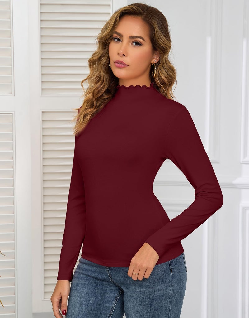 ACIEMR Mock Turtleneck for Women Long Sleeve Tops Slim Fit Lettuce Trim Casual Shirt Ideal for Work, Vacation, and Shopping Wine Red Large - Image 2