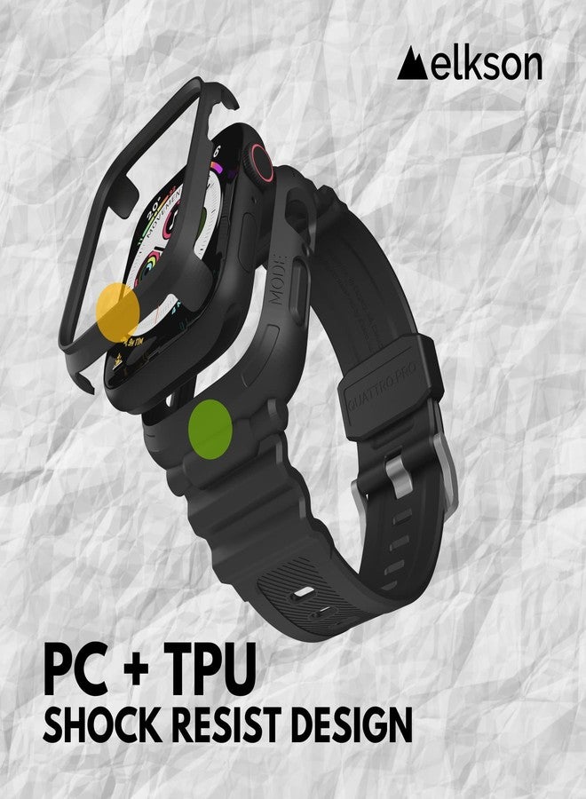 Elkson Designed for Apple Watch Series SE3 9/8/7/6/5/4 [45/44mm], Quattro Pro Series Rugged Military Grade Protective Bumper Case with Strap Bands for iWatch, Stealth Black - Image 3