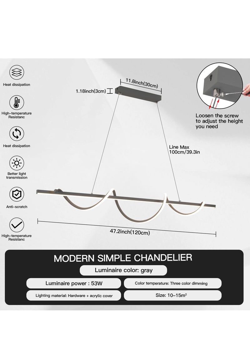 YATAI LIGHTING Modern LED Chandelier Dining Room Island, Wave Shape 120cm Long Grey Classic Chandelier Light for Kitchen and Dining Room Table, Acrylic Adjustable Color Temperature Chandelier Lamp  - Image 4