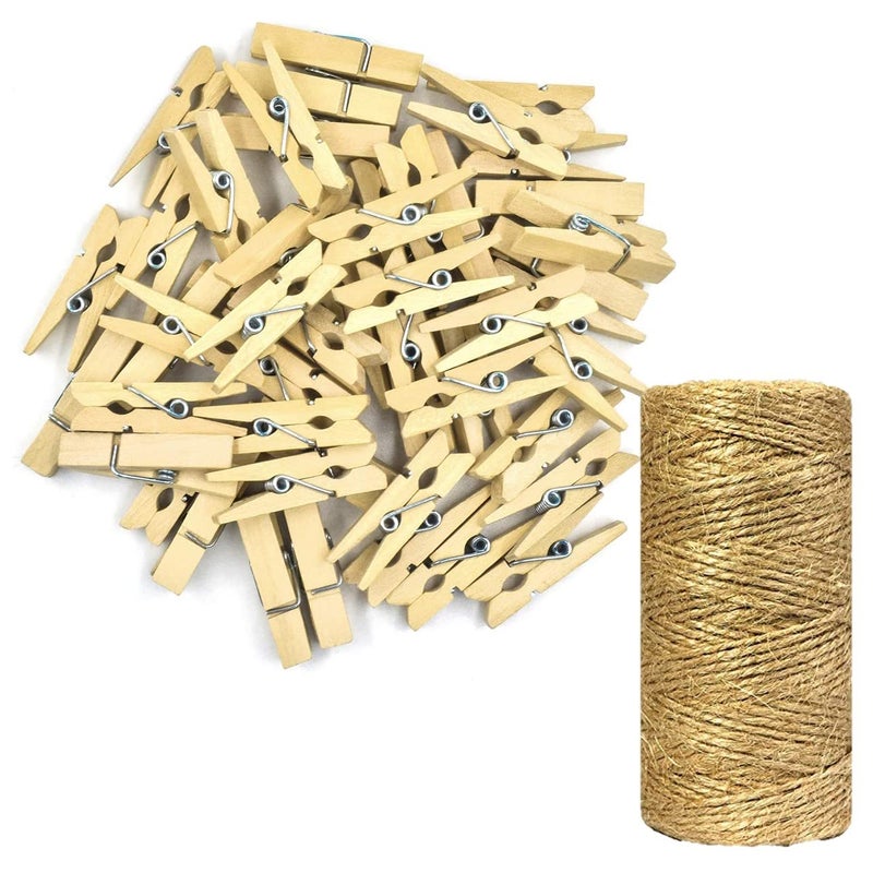 ecofynd 30 pcs Mini Natural Wood Pin for Photos Wooden Small Photo Clips Mini Close Pins for Pictures Display Artwork Little Baby Shower CS3002 30 Pieces Jute Rope Natural Clips - Image 1