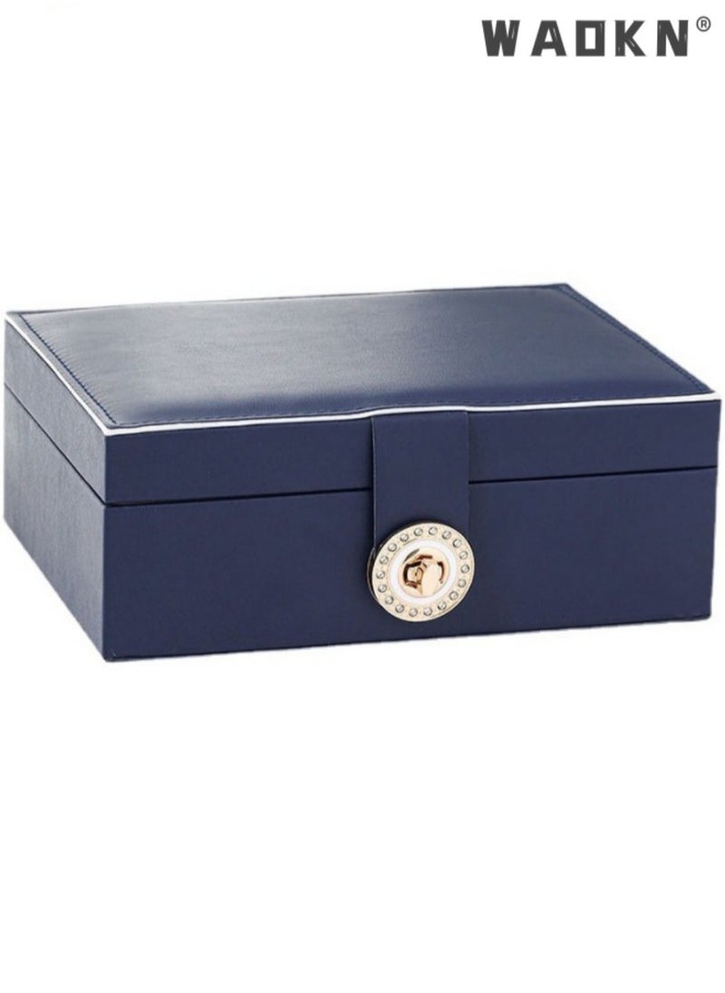 WAOKN Large-capacity Jewelry Storage Box Double-layer Jewelry Box, Women's Large Leather Jewelry Box with Two-layer Display, Suitable for Necklaces, Earrings, Bracelets and Rings (Dark Blue)  - Image 1