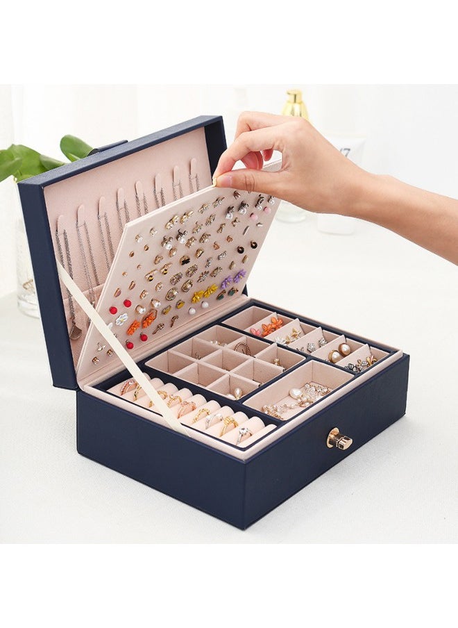 WAOKN Large-capacity Jewelry Storage Box Double-layer Jewelry Box, Women's Large Leather Jewelry Box with Two-layer Display, Suitable for Necklaces, Earrings, Bracelets and Rings (Dark Blue)  - Image 2