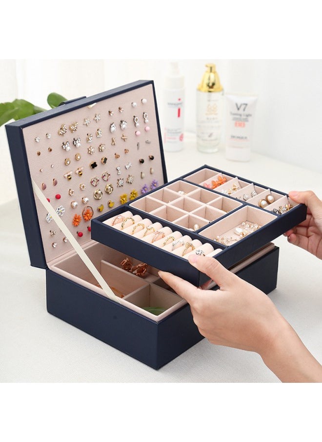 WAOKN Large-capacity Jewelry Storage Box Double-layer Jewelry Box, Women's Large Leather Jewelry Box with Two-layer Display, Suitable for Necklaces, Earrings, Bracelets and Rings (Dark Blue)  - Image 3