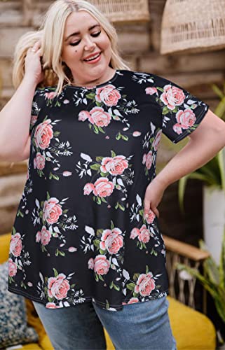 JOELLYUS Plus Size Tops for Women Tunic Floral Casual Short Sleeves T Shirts Flowy Blouses(BKPR,3XL) - Image 2