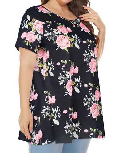 JOELLYUS Plus Size Tops for Women Tunic Floral Casual Short Sleeves T Shirts Flowy Blouses(BKPR,3XL) - Image 3