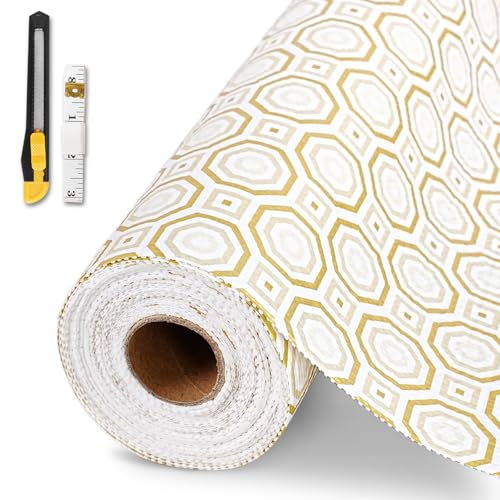 GTJ Drawer and Shelf Liner for Kitchen CabinetNonAdhesive Cabinet Liner 12in x 20FTWaterproof Shelf Paper NonSlip Mats Cupboard Liners Contact Protect DresserShelvesTableGold Octagonal - Image 1