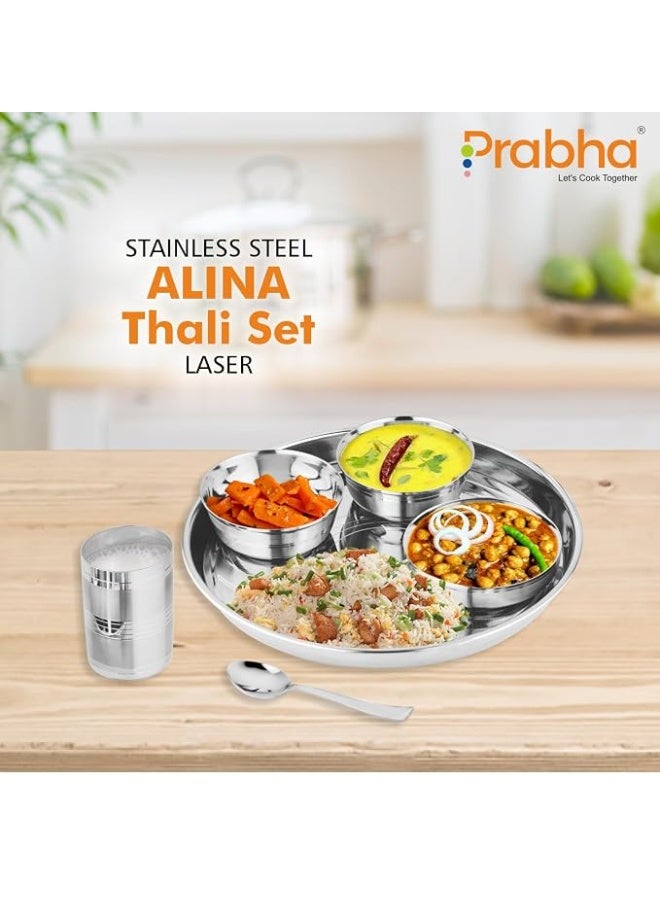 Prabha Stainless Steel 6-Piece Dinner Set | Thali Plate, 3 Bowls, Glass & Spoon | Mirror Finish Food Grade Laser Design Heavy Gauge Dinnerware for Home & Kitchen - Image 2