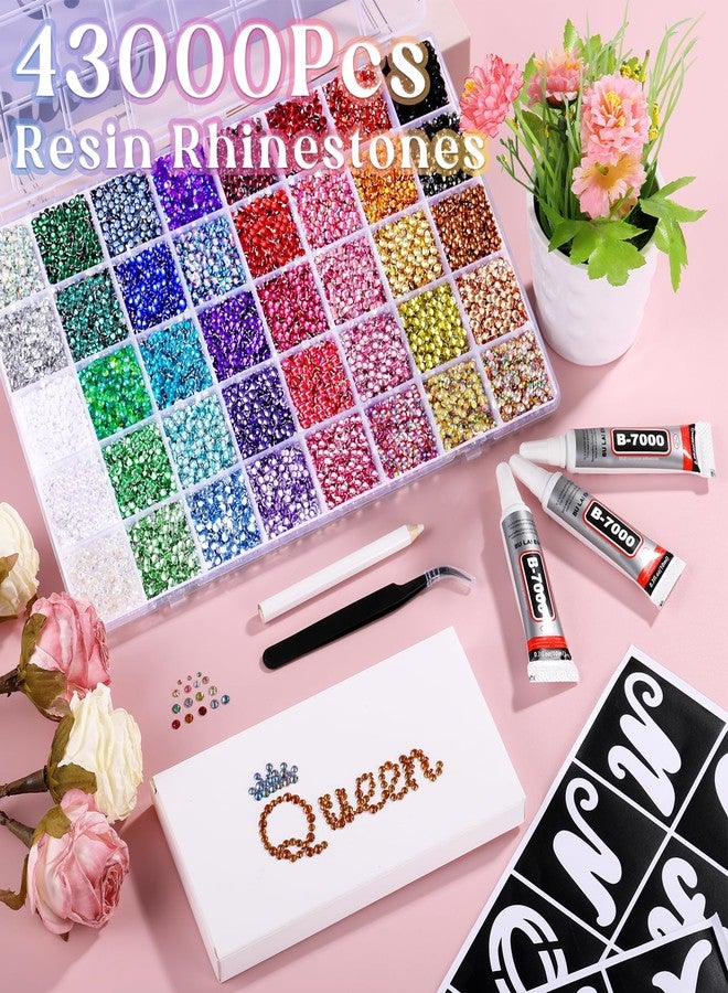 Zefy 43000 Pcs Resin Rhinestones for Bedazzling, 40 Colors 2/3/4 mm Bedazzling Kit with 2 Pcs Stencils for Crafting, Flatback Gems with 3Pcs B7000 Glue for Clothing Shoes Nail Book Diamond Art - Image 2